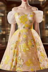 A-Line Off Shoulder Tulle Lace Short Yellow Evening Prom Dresses, Yellow Homecoming Dresses