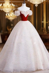 A-Line Off Shoulder Tulle Light Champagne Long Evening Prom Dresses, Light Champagne Evening Dresses