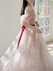 A-Line Off Shoulder Tulle Light Pink Long Prom Dress, Long Formal Dress