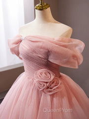 A-Line Off Shoulder Tulle Pink Long Evening Prom Dresses, Pink Long Formal Dresses