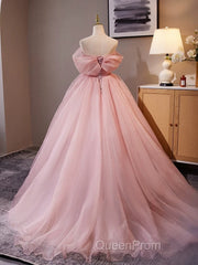 A-Line Off Shoulder Tulle Pink Long Evening Prom Dresses, Pink Long Formal Dresses