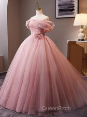 A-Line Off Shoulder Tulle Pink Long Evening Prom Dresses, Pink Long Formal Dresses