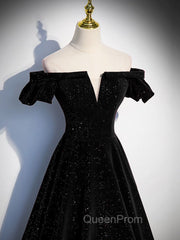 A-Line Off Shoulder Velvet Black Long Evening Prom Dresses, Black Evening Dresses