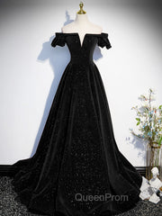 A-Line Off Shoulder Velvet Black Long Evening Prom Dresses, Black Evening Dresses