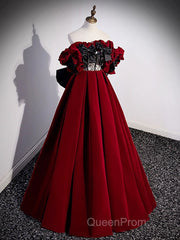 A-Line Off Shoulder Velvet Lace Burgundy Long Evening Prom Dresses, Burgundy Long Formal Dresses