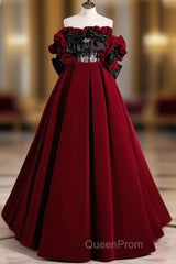 A-Line Off Shoulder Velvet Lace Burgundy Long Evening Prom Dresses, Burgundy Long Formal Dresses