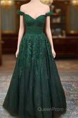 A-Line Off-the-Shoulder Glitter Appliqued Tulle Evening Prom Dresses/Evening Dresses with Regular Straps
