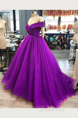 A Line Off The Shoulder Purple Tulle Evening Prom Dresses Long Evening Gown