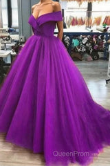 A Line Off The Shoulder Purple Tulle Evening Prom Dresses Long Evening Gown