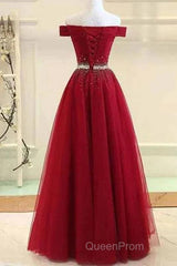 A-Line Off The Shoulder Red Tulle Evening Prom Dresses Evening Dresses With Beading,