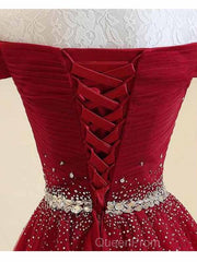 A-Line Off The Shoulder Red Tulle Evening Prom Dresses Evening Dresses With Beading,
