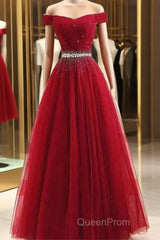 A-Line Off The Shoulder Red Tulle Evening Prom Dresses Evening Dresses With Beading,