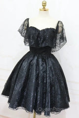 A-Line Off The Shoulder Short Black Lace Homecoming Dresses