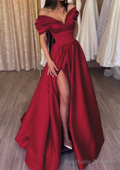 A-line Off-the-Shoulder Short Sleeve Satin Long/Floor-Length Prom Dresses With Ruffles Split