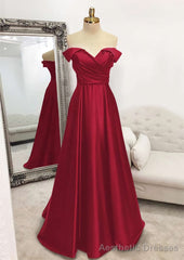 A-line Off-the-Shoulder Sleeveless Long/Floor-Length Satin Prom Dresses With Pleated