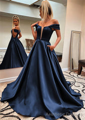 A-line Off-the-Shoulder Sleeveless Satin Sweep Train Prom Dresses With Pockets