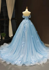 A-Line Off-The-Shoulder Sweetheart Sweep Train Tulle Evening Prom Dresses, Sky Blue Applique Wedding Dresses