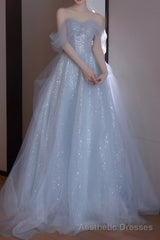 A line Off The Shoulder Tulle Gray Party Dresses Long Prom Dresses