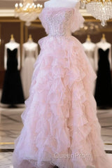 A Line Off The Shoulder Tulle Pink Tiered Evening Prom Dresses Evening Dresses