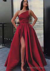 A-line One-Shoulder Long/Floor-Length Satin Prom Dresses With Pockets Waistband Split