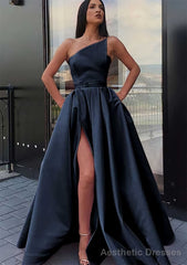 A-line One-Shoulder Long/Floor-Length Satin Prom Dresses With Pockets Waistband Split