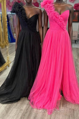 A-Line One Shoulder Long Tulle Evening Prom Dresses with Ruffles