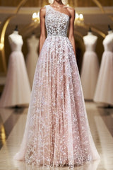 A Line One Shoulder Pink Lace Long Evening Prom Dresses, Pink Lace Formal Dresses, Pink Evening Dresses