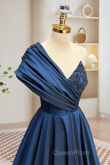 A-Line One Shoulder Satin Beads Dark Blue Long Evening Prom Dresses, Blue Long Evening Dresses