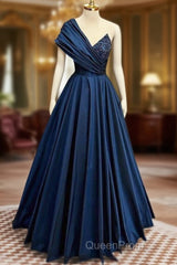 A-Line One Shoulder Satin Beads Dark Blue Long Evening Prom Dresses, Blue Long Evening Dresses