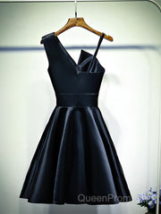A Line One Shoulder Short Black Evening Prom Dresses, Short Black One Shoulder Formal Graduation Dresses