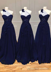 A-line One-Shoulder Sleeveless Long/Floor-Length Tulle Prom Dresses with Appliqued Split