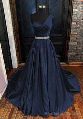 A-line One-Shoulder Sleeveless Satin Long/Floor-Length Prom Dresses With Beading Pleated