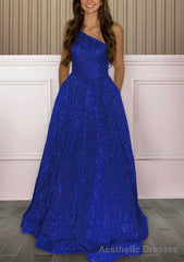 A-line One-Shoulder Sleeveless Sweep Train Sequined Prom Dresses with Pockets