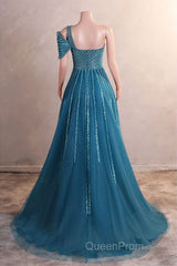 A-Line One Shoulder Tulle Beaded Long Evening Prom Dresses Elegant Evening Gown