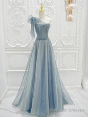A-Line One Shoulder Tulle Sequin Gray Blue Long Prom Dress, Sequin Long Formal Dress