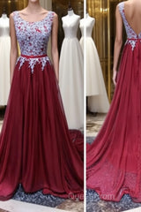 A Line Open Back Lace Burgundy Evening Prom Dresses, Burgundy Formal Dresses