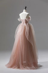 A Line Pink Corset Long Tulle Evening Prom Dresses With Ruffles