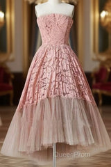 A Line Pink Lace Strapless Sleeveless Short Tulle Homecoming Dresses