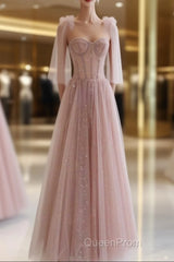 A-Line Pink Round Neck Tulle Long Evening Prom Dresses, Pink Formal Evening Dresses