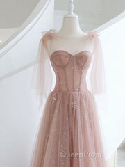 A-Line Pink Round Neck Tulle Long Evening Prom Dresses, Pink Formal Evening Dresses