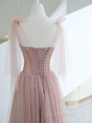 A-Line Pink Round Neck Tulle Long Evening Prom Dresses, Pink Formal Evening Dresses