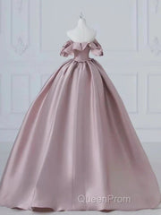 A-Line Pink Satin Long Off Shoulder Evening Prom Dresses Quinceanera Dresses Evening Dresses