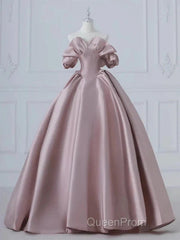 A-Line Pink Satin Long Off Shoulder Evening Prom Dresses Quinceanera Dresses Evening Dresses