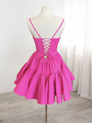 A-Line Pink Satin Short Evening Prom Dresses, Backless Cute Pink Homecoming Dresses