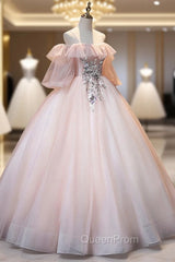 A-Line Pink Spaghetti Straps Long Evening Prom Dresses, Pink Lace Evening Dresses