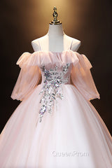 A-Line Pink Spaghetti Straps Long Evening Prom Dresses, Pink Lace Evening Dresses