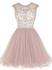 A-Line Pink Tulle Cap Sleeve Beading Sequins Homecoming Dress