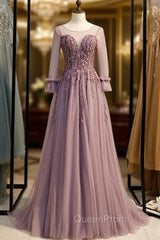 A-line Pink Tulle Long Sleeve Backless Beading Evening Prom Dresses