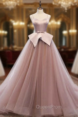 A-Line Pink Tulle Satin Spagehtti Straps Evening Prom Dresses