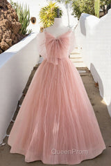 A-Line Pink Tulle Sequin Long Evening Prom Dresses, Pink Evening Dresses
